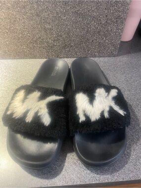 Michael Kors Faux Fur Black and White Slide Sandals